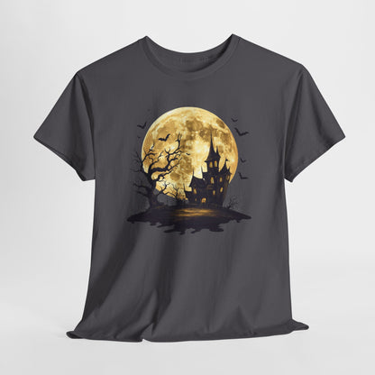 Spooky Moon House Halloween Tee, Unisex Heavy Cotton T-Shirt, Perfect for Halloween Parties, Autumn Celebrations, Unique Graphic Design, Casual Wear