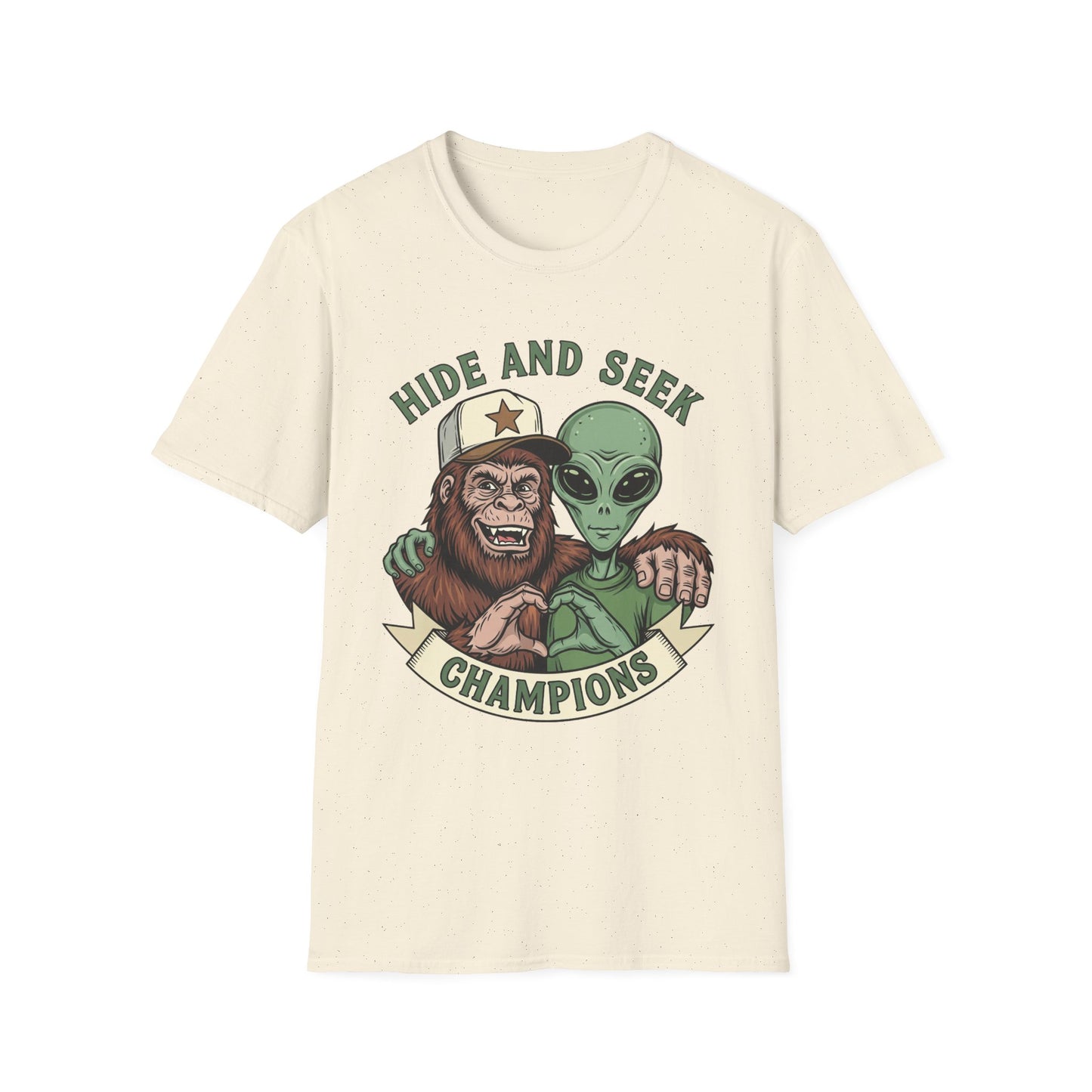 Hide and Seek Champions T-Shirt — Alien & Bigfoot Retro Graphic