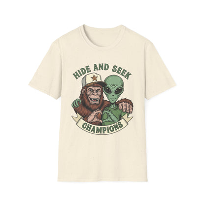 Hide and Seek Champions T-Shirt — Alien & Bigfoot Retro Graphic