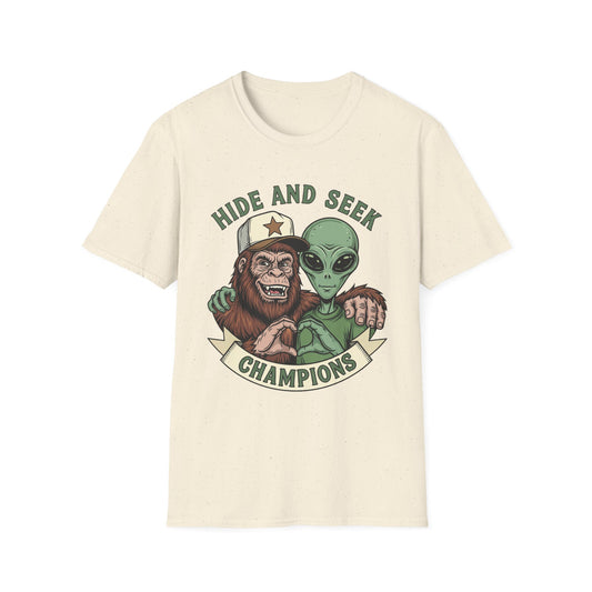 Hide and Seek Champions T-Shirt — Alien & Bigfoot Retro Graphic
