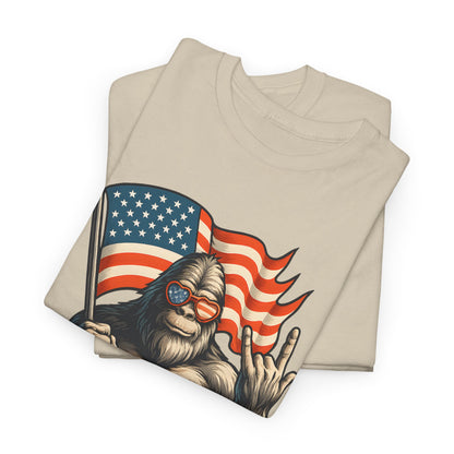 Bigfoot America Unisex Heavy Cotton Tee, Funny Graphic Tee, Sasquatch Apparel, 4th of July Shirt, Outdoor Adventure T-Shirt
