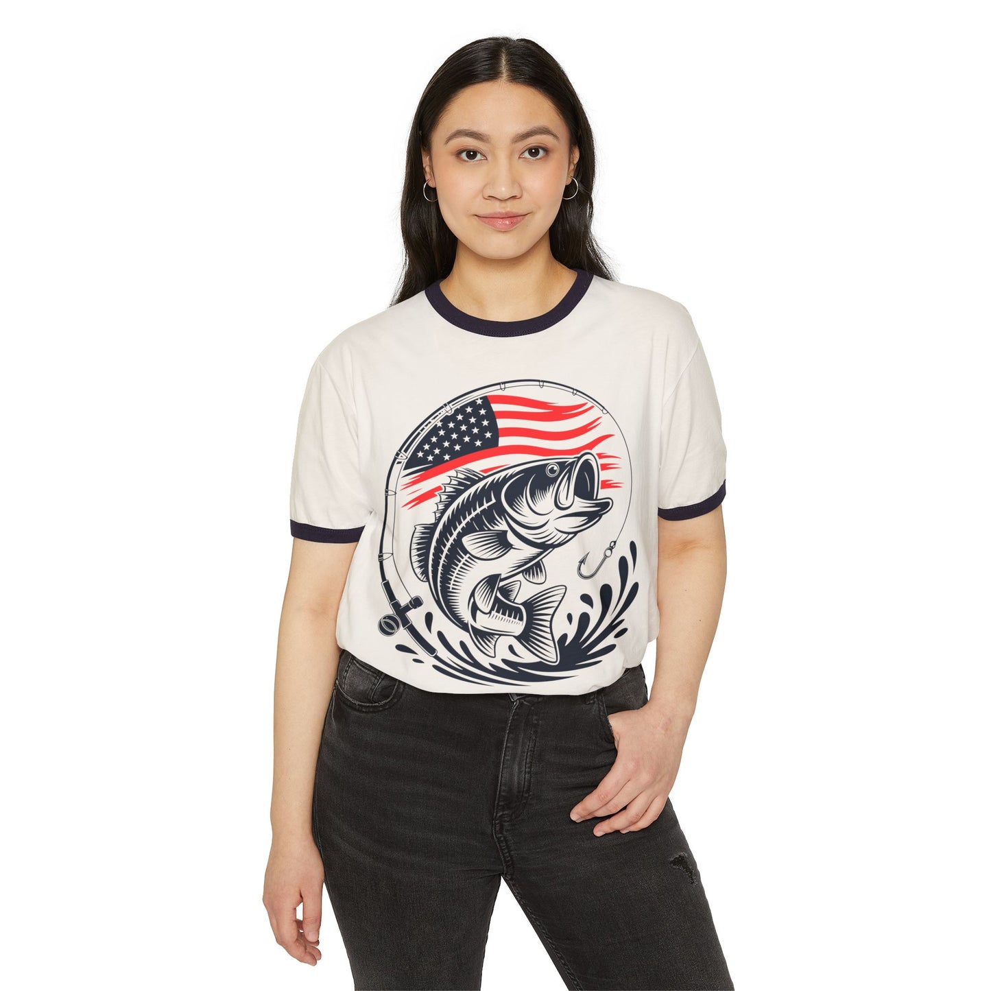 Bass Fishing T-Shirt with American Flag — Patriotic Angler Ringer Tee