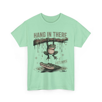 Hang In There Motivational Frog Tee Shirt, Fun Graphic Tee, Gift for Friends, Positive Vibe T-Shirt, Casual Everyday Wear