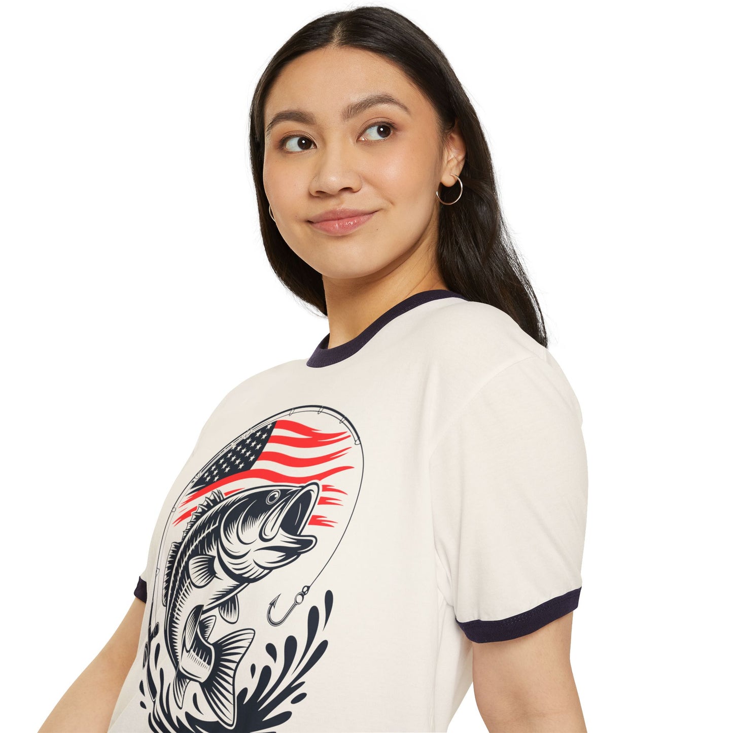 Bass Fishing T-Shirt with American Flag — Patriotic Angler Ringer Tee