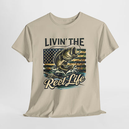 Livin' The Reel Life Fishing T-Shirt – Bass & American Flag Graphic
