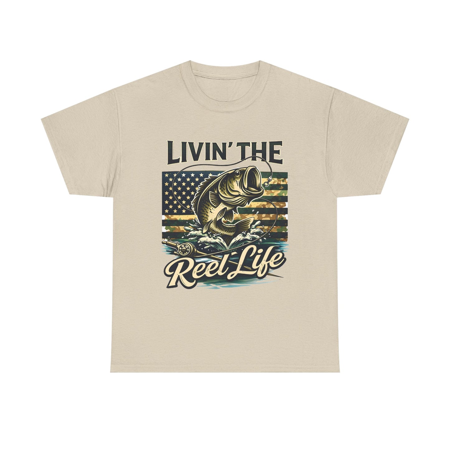 Livin' The Reel Life Fishing T-Shirt – Bass & American Flag Graphic