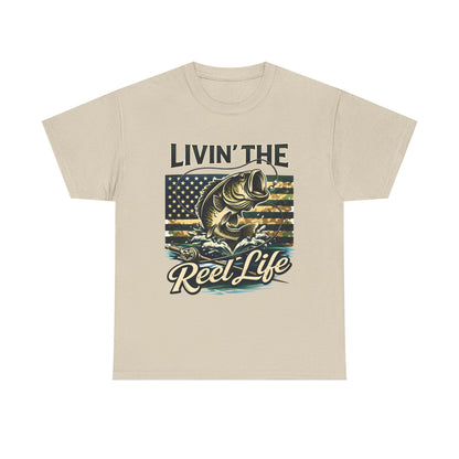Livin' The Reel Life Fishing T-Shirt – Bass & American Flag Graphic