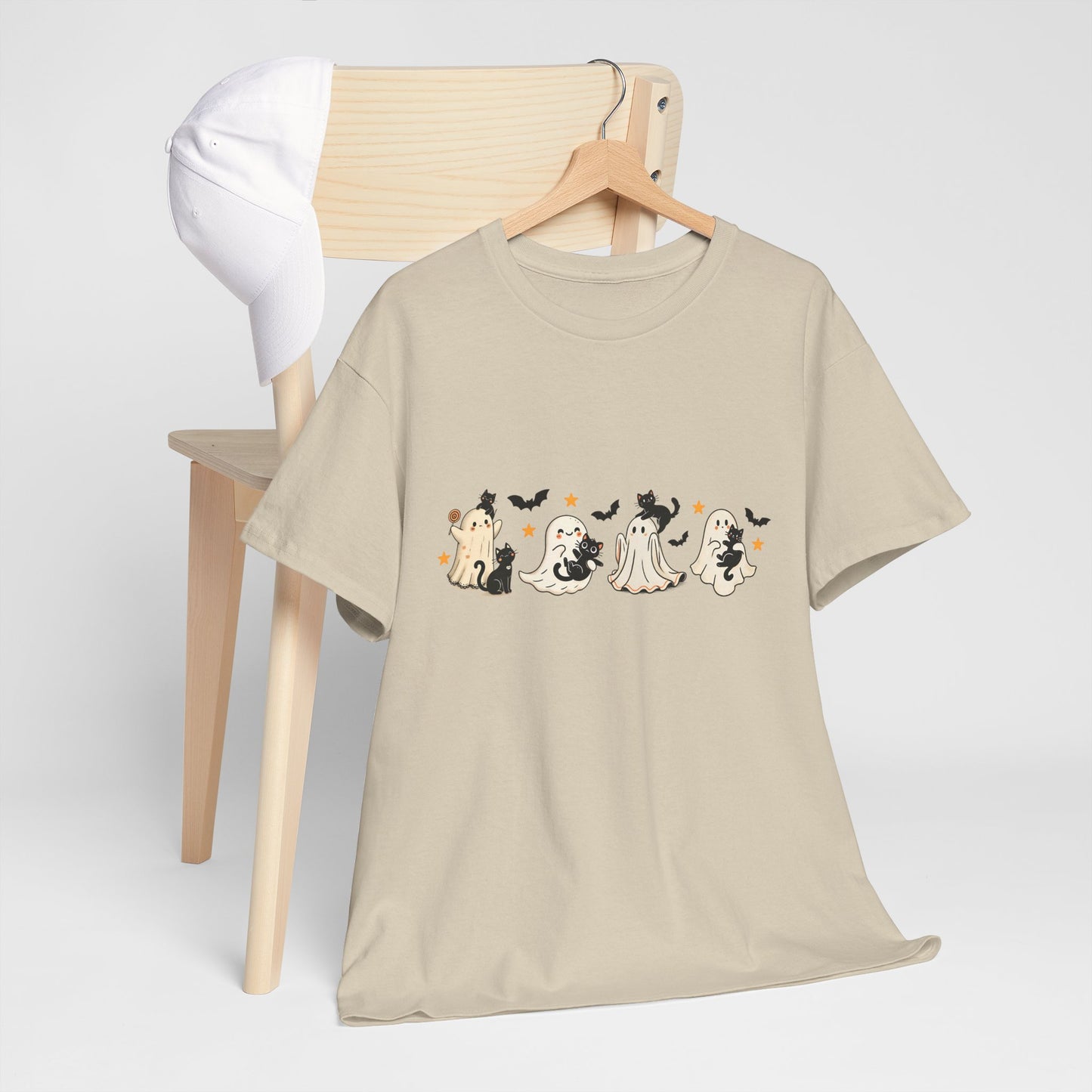 Ghost Cat Halloween Ghosts Unisex Heavy Cotton Tee, Spooky Costume Shirt, Trick or Treat Shirt, Halloween Party Top, Fall Apparel