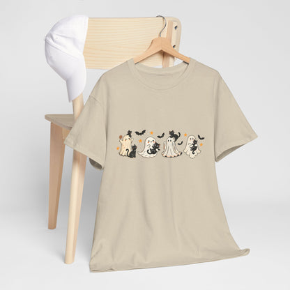 Ghost Cat Halloween Ghosts Unisex Heavy Cotton Tee, Spooky Costume Shirt, Trick or Treat Shirt, Halloween Party Top, Fall Apparel