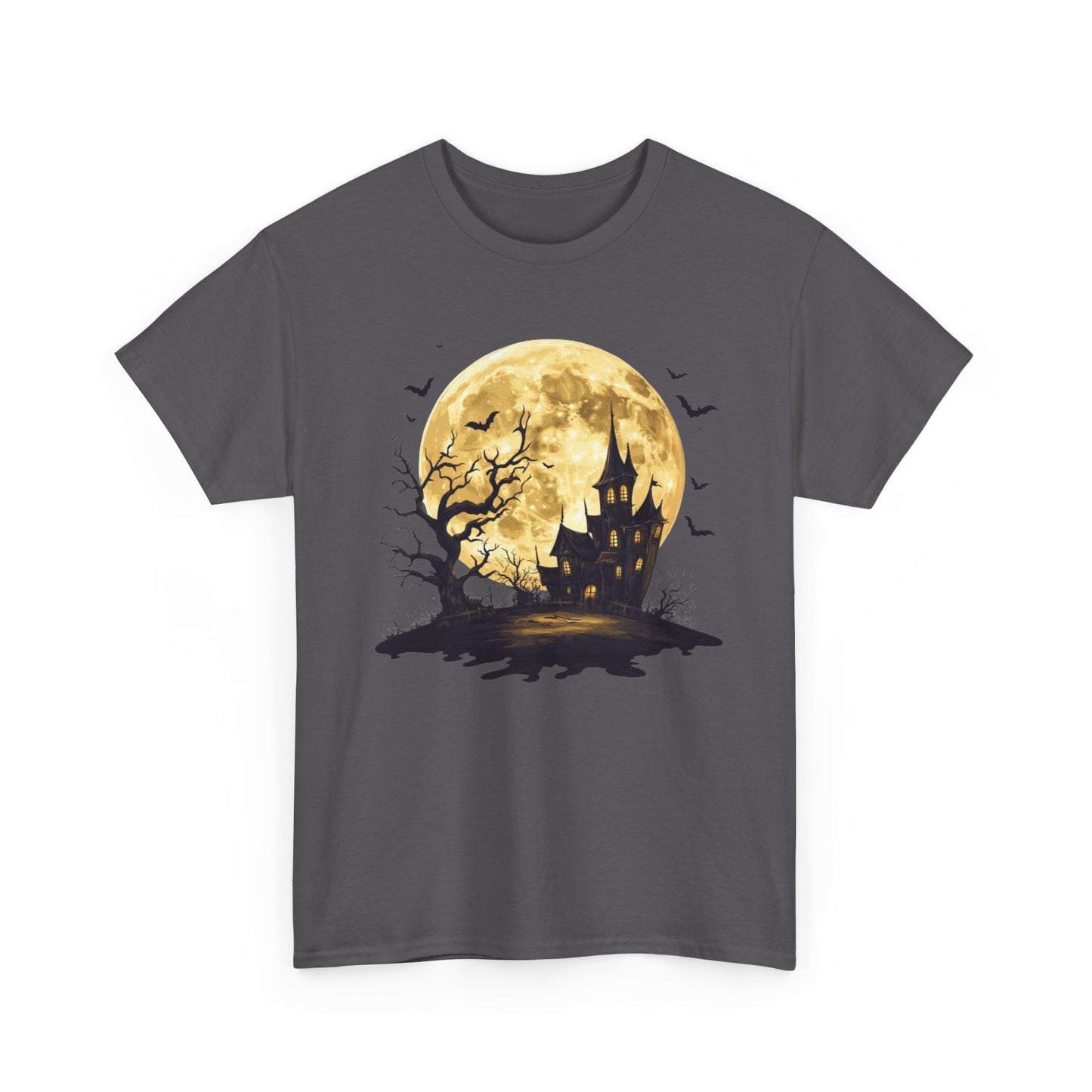 Spooky Moon House Halloween Tee, Unisex Heavy Cotton T-Shirt, Perfect for Halloween Parties, Autumn Celebrations, Unique Graphic Design, Casual Wear