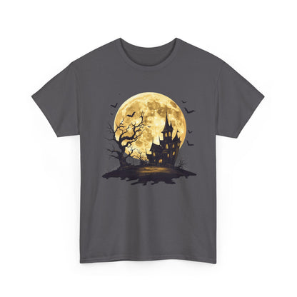 Spooky Moon House Halloween Tee, Unisex Heavy Cotton T-Shirt, Perfect for Halloween Parties, Autumn Celebrations, Unique Graphic Design, Casual Wear