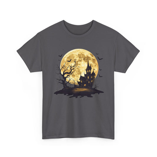 Spooky Moon House Halloween Tee, Unisex Heavy Cotton T-Shirt, Perfect for Halloween Parties, Autumn Celebrations, Unique Graphic Design, Casual Wear