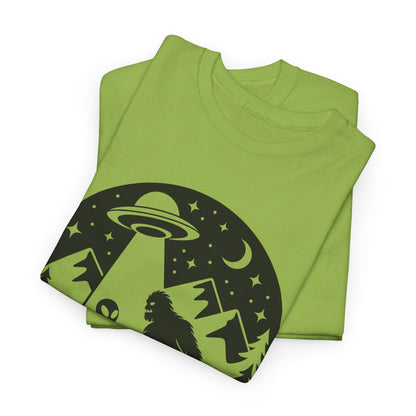 UFO & Bigfoot Adventure Tee - Unisex Cotton Shirt for Campers, Gift for UFO & Cryptid Lovers, Outdoorsy Apparel, Fun Alien Graphic T-Shirt