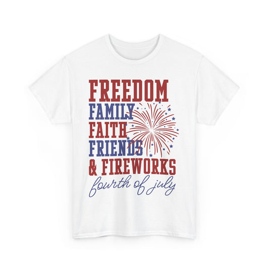 Freedom Family Faith 4th of July Freedom Tee, Family & Friends Shirt, Fireworks Celebration Top, Unisex Cotton T-Shirt, Patriotic Holiday Wear