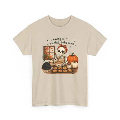 Halloween Skeleton Baking T-Shirt — "having a mental bake down" Cozy Pumpkin Cookie Tee