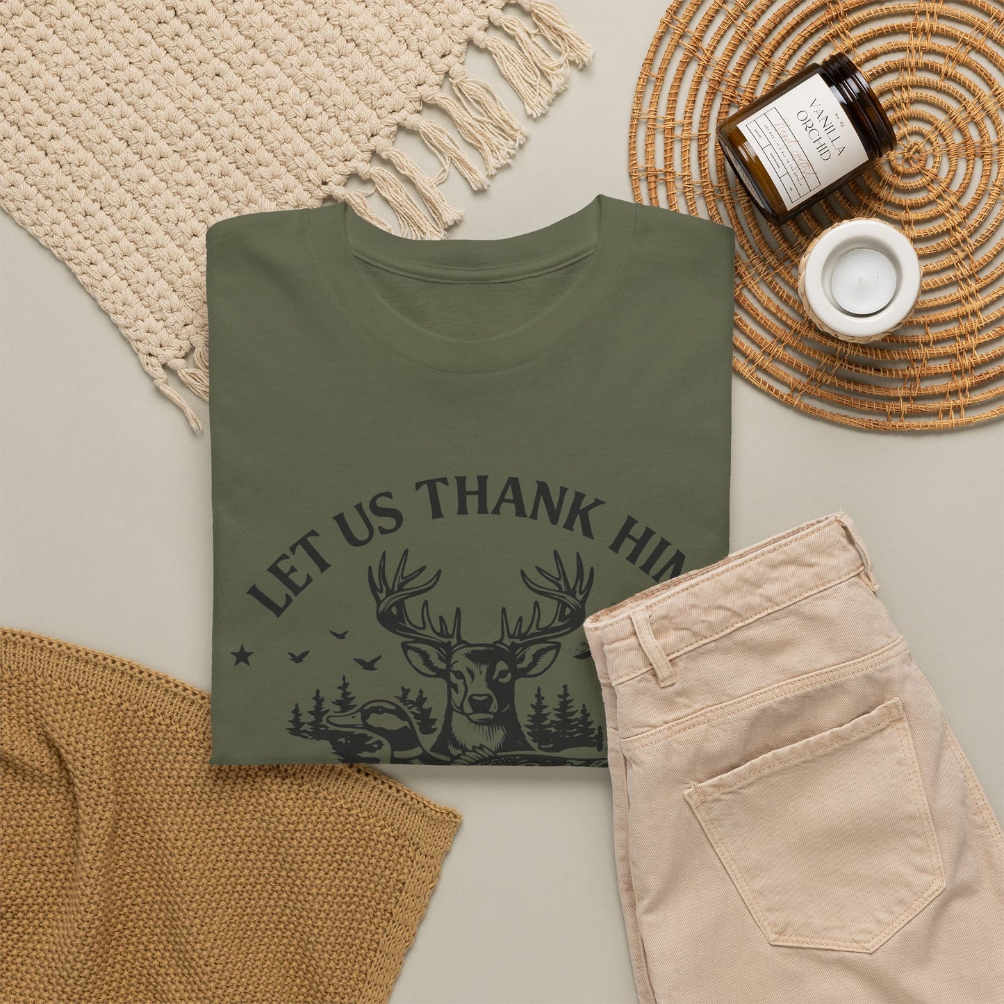 Hunting Faith T-Shirt — "Let Us Thank Him For Our Food" Outdoor Deer Graphic Tee