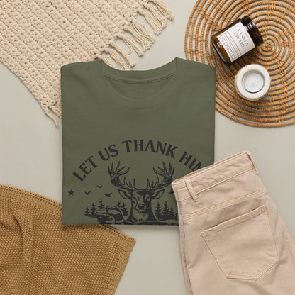 Hunting Faith T-Shirt — "Let Us Thank Him For Our Food" Outdoor Deer Graphic Tee