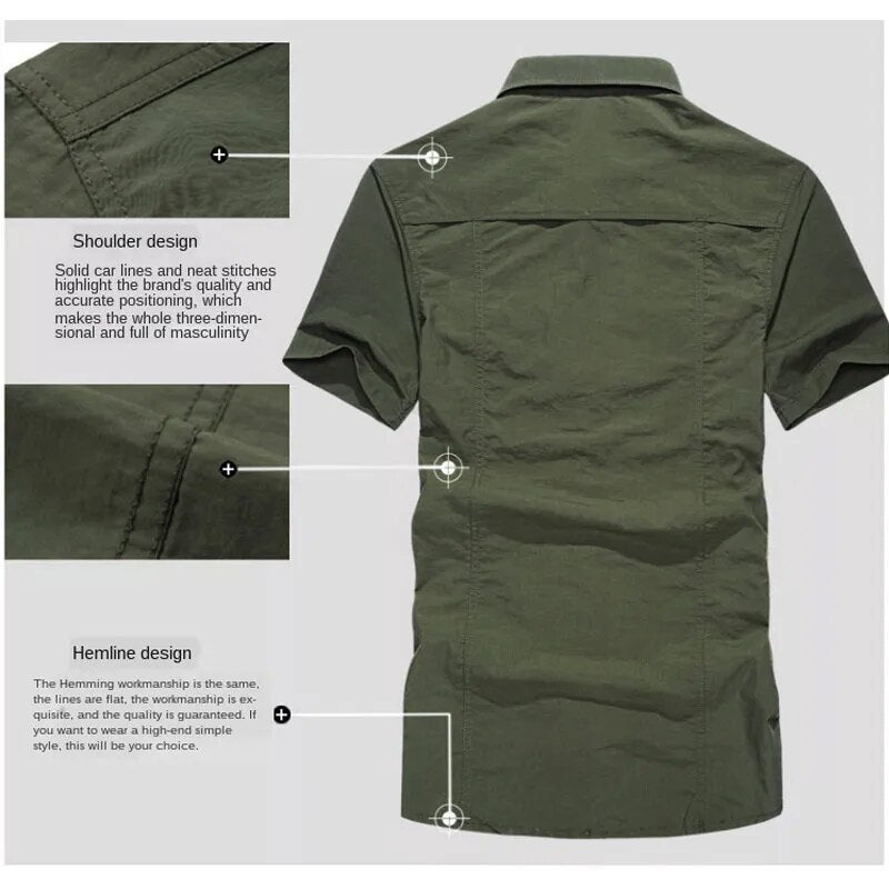 Mens Summer Short Sleeve Outdoor Shirt Pockets Quick Dry Blouse Mountaineering Hiking Fishing Military Working Clothes Big Size