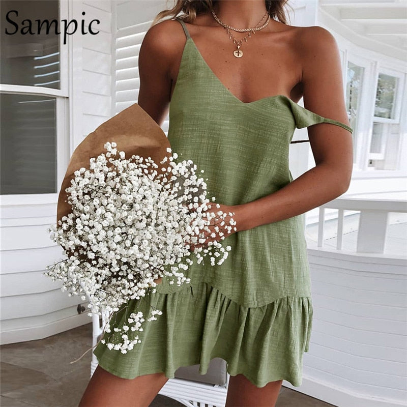 Sampic Backless Sundress Women Mini Dress Ruffle Spaghetti Strap Casual White Linen Dress Sleeveless Beach Summer Dresses 2019