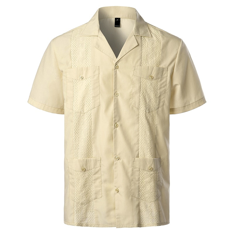 Men's Guayabera Premium Lightweight Embroidered Pleated Cuban Shirt Short Sleeve Mexican Caribbean Style Wedding Beach Shirt 2XL