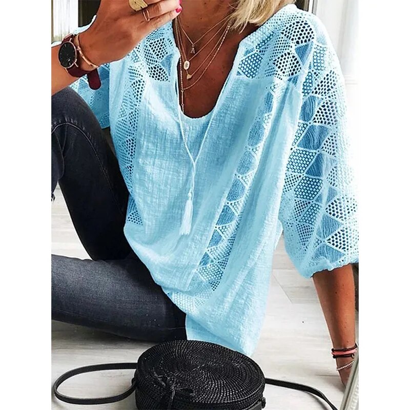 Summer V-neck Lace Cotton Linen Shirt Spring Three Quarter Sleeve Plus Size Blouse Casual Patchwork Women Tops and Blouses