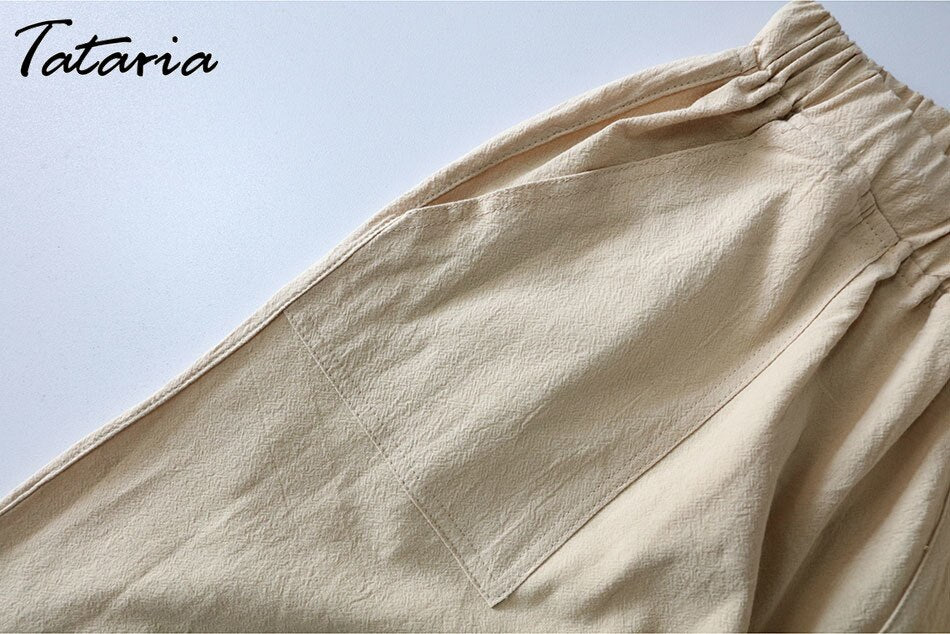 Women's Cotton Linen Pants Wide Leg Mid Waisted Harem Loose Soft Elastic Waist White Summer Pants Casual Trousers for Female