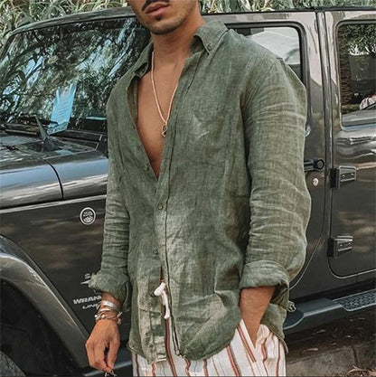 2023 Men Casual Cotton Linen ShirtsStanding Collar Male Solid Color Long Sleeves Loose Tops Spring Autumn Handsome Men's Shirts