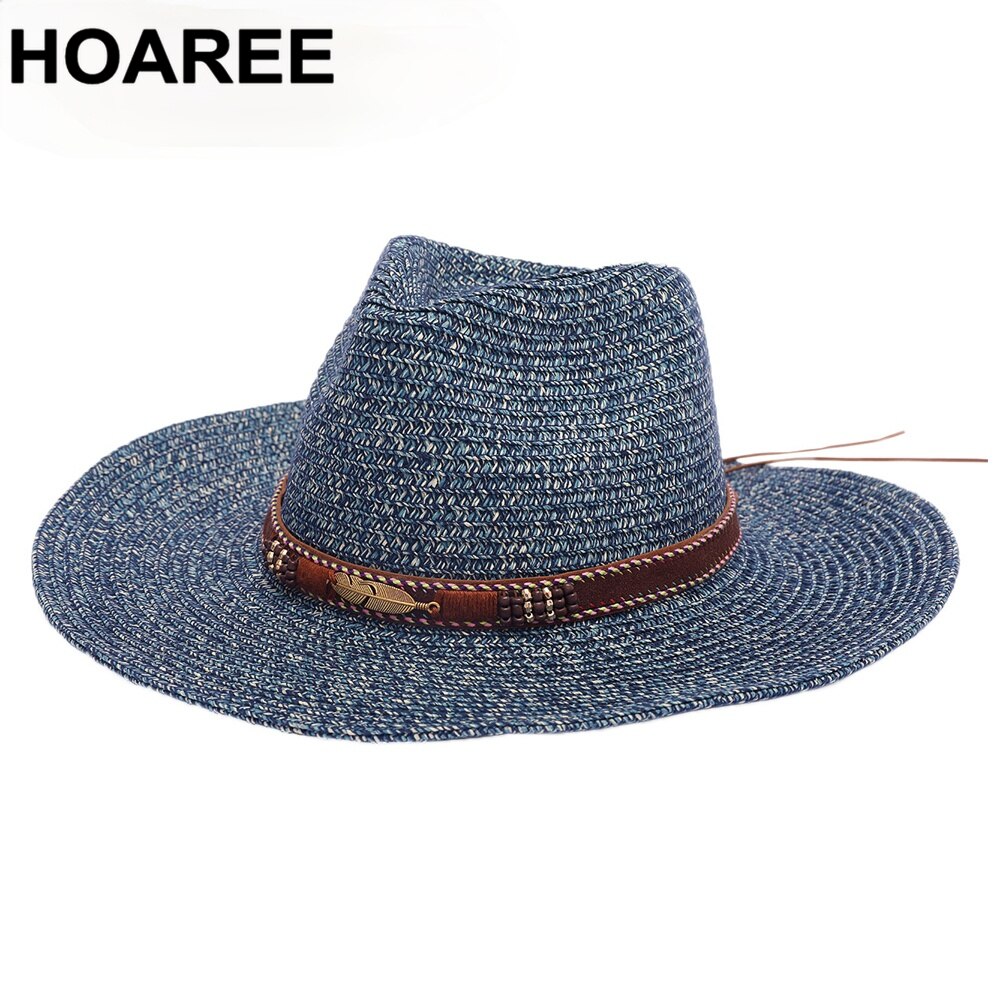 Women Straw Summer Hats Wide Brim Beach Hat Sombrero Men Fedora Sun Visor Belt Decoration Khaki Jazz Sun Hat