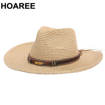 Women Straw Summer Hats Wide Brim Beach Hat Sombrero Men Fedora Sun Visor Belt Decoration Khaki Jazz Sun Hat