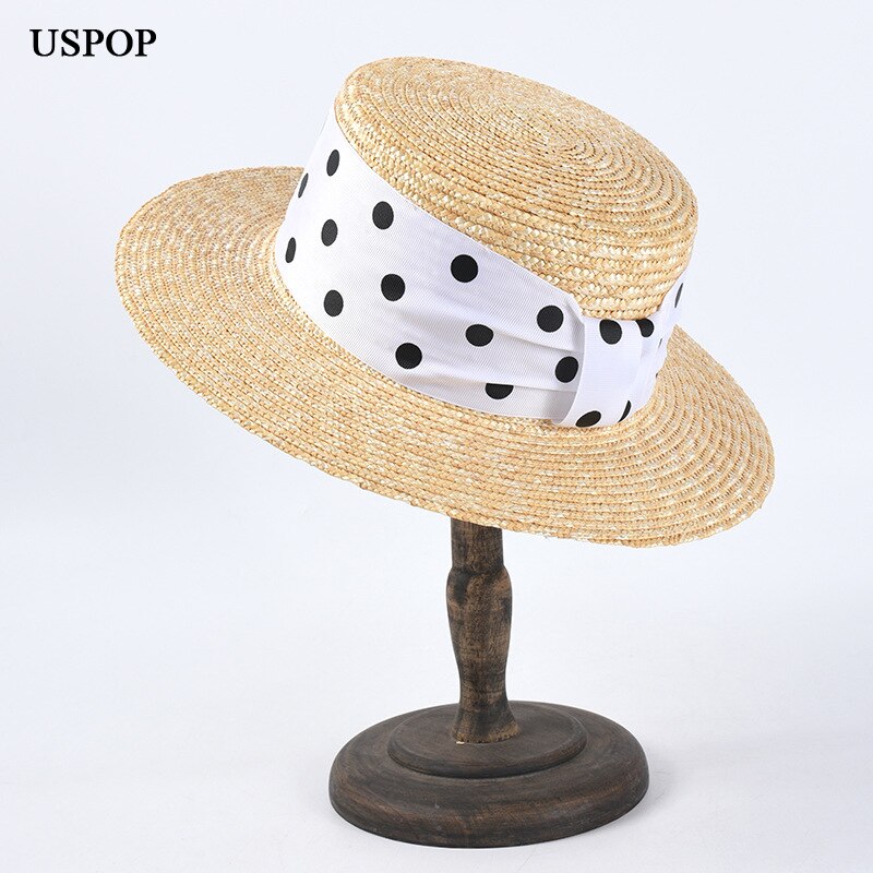 New summer hats women natural wheat straw hats polka dots ribbon beach hats female flat  top sun hats