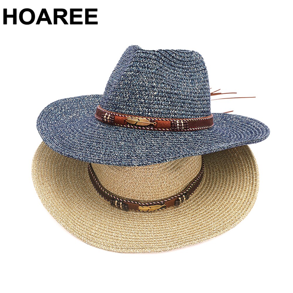 Women Straw Summer Hats Wide Brim Beach Hat Sombrero Men Fedora Sun Visor Belt Decoration Khaki Jazz Sun Hat