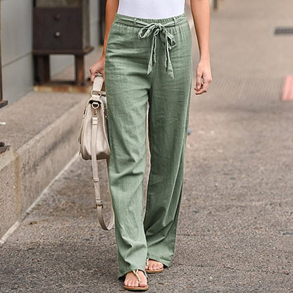 Women Linen Cotton Pants Summer Spring Casual Solid Elastic Waist Straight Trousers 2021 Female Loose Ankle-length Long Pants