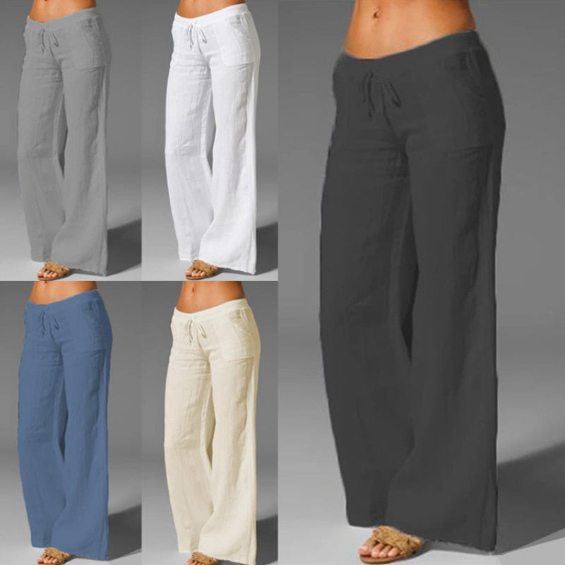 Women's Cotton Linen Pants Wide Leg Mid Waisted Harem Loose Soft Elastic Waist White Summer Pants Casual Trousers for Female