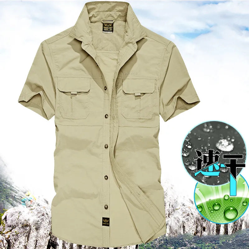 Mens Summer Short Sleeve Outdoor Shirt Pockets Quick Dry Blouse Mountaineering Hiking Fishing Military Working Clothes Big Size