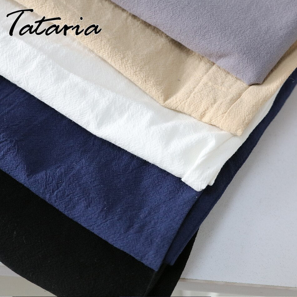 Women's Cotton Linen Pants Wide Leg Mid Waisted Harem Loose Soft Elastic Waist White Summer Pants Casual Trousers for Female