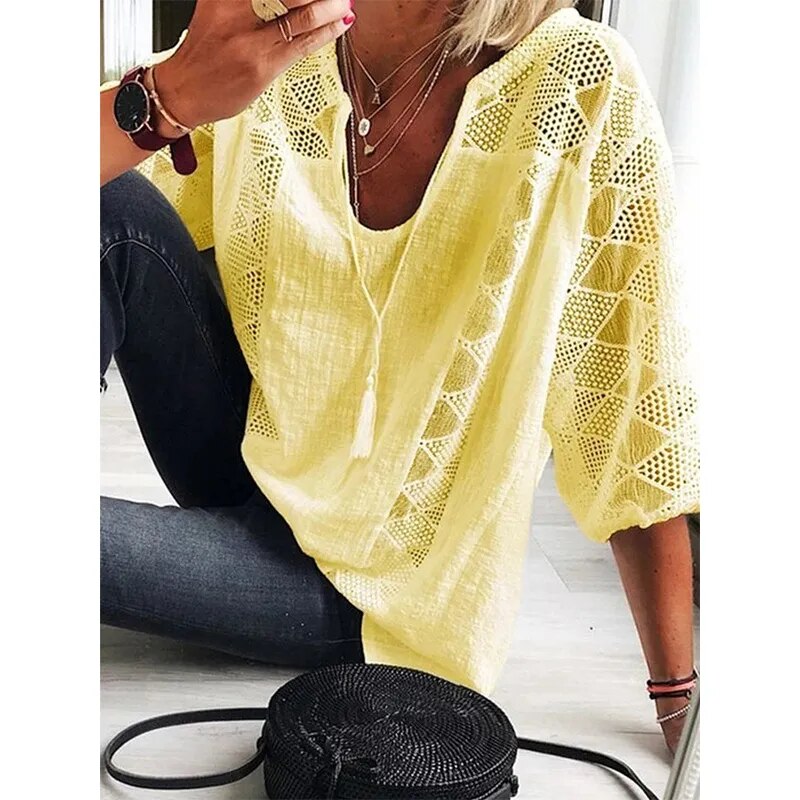 Summer V-neck Lace Cotton Linen Shirt Spring Three Quarter Sleeve Plus Size Blouse Casual Patchwork Women Tops and Blouses