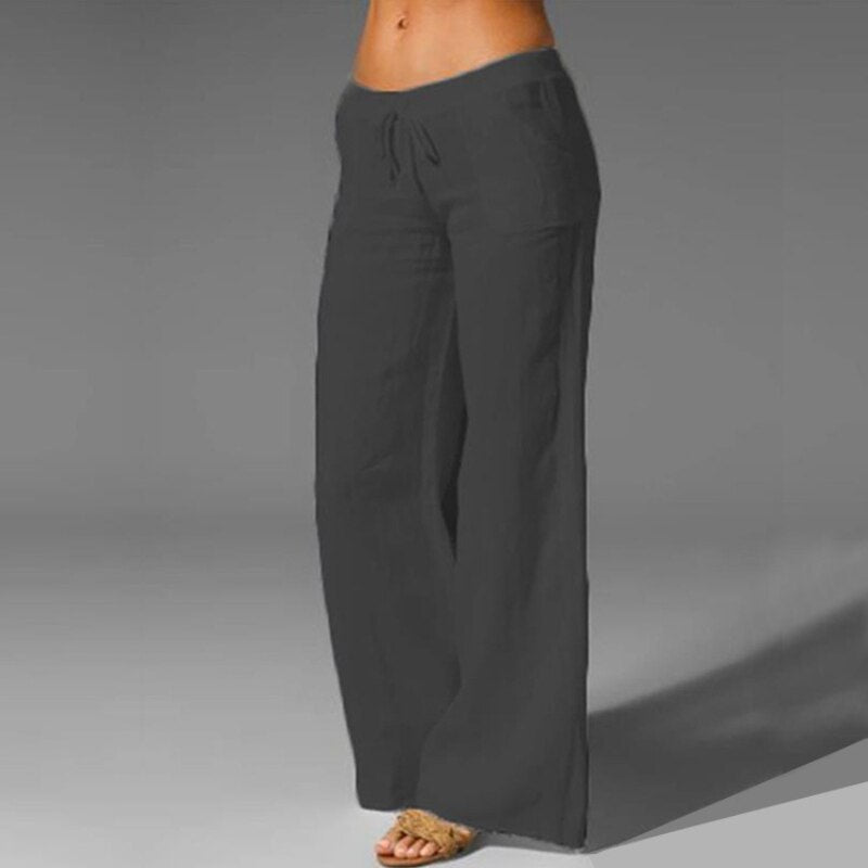 Women's Cotton Linen Pants Wide Leg Mid Waisted Harem Loose Soft Elastic Waist White Summer Pants Casual Trousers for Female