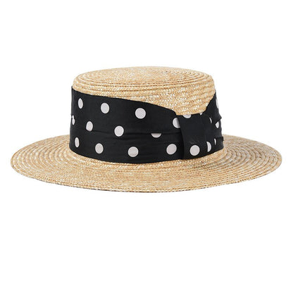 New summer hats women natural wheat straw hats polka dots ribbon beach hats female flat  top sun hats