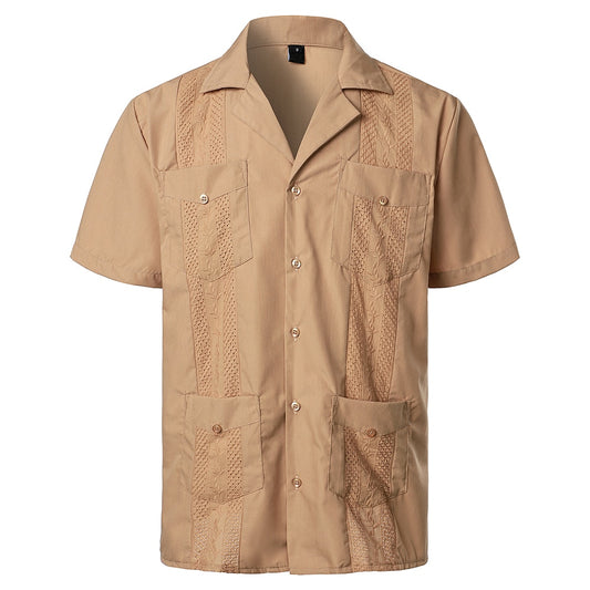 Cuban Camp Guayabera Shirt Men Short Sleeve Casual Button Down Embroidery Mens Shirts Soft Breathable Solid Color Beach Shirts