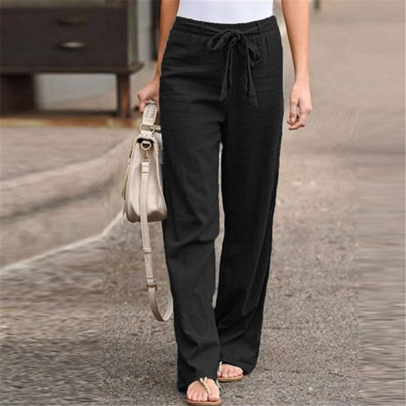 Women Linen Cotton Pants Summer Spring Casual Solid Elastic Waist Straight Trousers 2021 Female Loose Ankle-length Long Pants