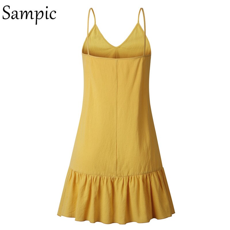 Sampic Backless Sundress Women Mini Dress Ruffle Spaghetti Strap Casual White Linen Dress Sleeveless Beach Summer Dresses 2019