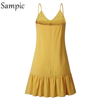 Sampic Backless Sundress Women Mini Dress Ruffle Spaghetti Strap Casual White Linen Dress Sleeveless Beach Summer Dresses 2019