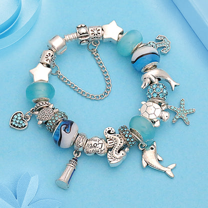 Classic Design Dolphin Charm Bracelets & Bangles for Women Jewelry Gift Blue Murano Crystal Glass Diy Bead Bracelets