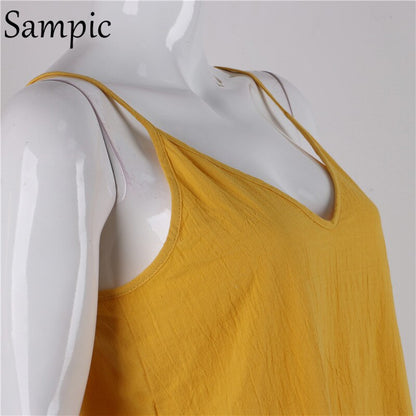 Sampic Backless Sundress Women Mini Dress Ruffle Spaghetti Strap Casual White Linen Dress Sleeveless Beach Summer Dresses 2019