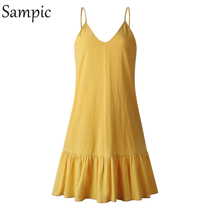 Sampic Backless Sundress Women Mini Dress Ruffle Spaghetti Strap Casual White Linen Dress Sleeveless Beach Summer Dresses 2019