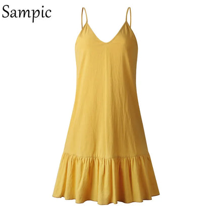 Sampic Backless Sundress Women Mini Dress Ruffle Spaghetti Strap Casual White Linen Dress Sleeveless Beach Summer Dresses 2019