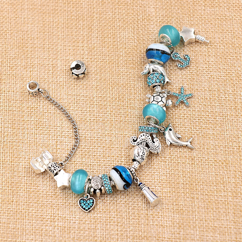 Classic Design Dolphin Charm Bracelets & Bangles for Women Jewelry Gift Blue Murano Crystal Glass Diy Bead Bracelets