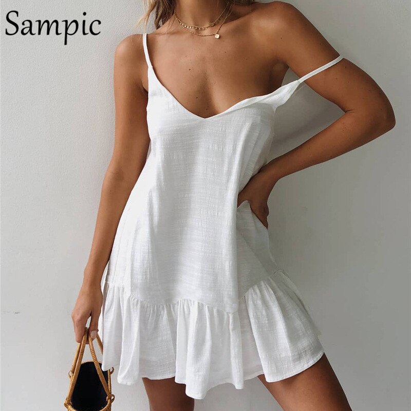 Sampic Backless Sundress Women Mini Dress Ruffle Spaghetti Strap Casual White Linen Dress Sleeveless Beach Summer Dresses 2019