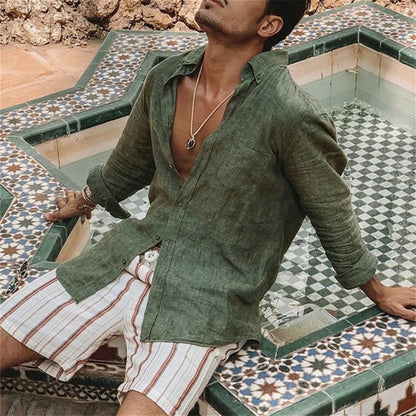 2023 Men Casual Cotton Linen ShirtsStanding Collar Male Solid Color Long Sleeves Loose Tops Spring Autumn Handsome Men's Shirts
