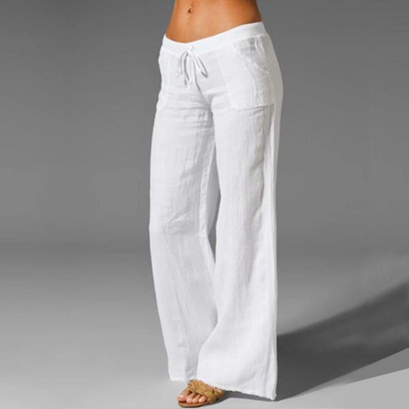 Women's Cotton Linen Pants Wide Leg Mid Waisted Harem Loose Soft Elastic Waist White Summer Pants Casual Trousers for Female